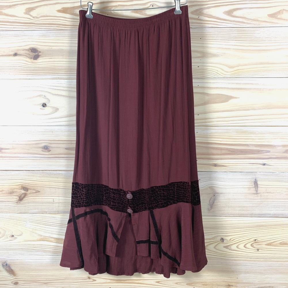 Vintage 50s Velvet Burnout Maxi‎ Skirt Womens 10 Maroon Tiered Gypsy Whimsigoth